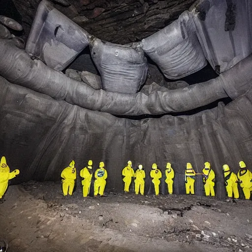 Prompt: People in hazmat suits holding flashlights encountering massive alien structures in the dark depths of a pit