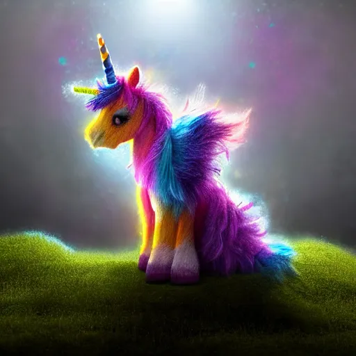 Image similar to full body pose, hyperrealistic photograph of a cute fuzzy rainbow unicorn, dim volumetric lighting, 8 k, octane beautifully detailed render, extremely hyper detailed, intricate, epic composition, cinematic lighting, masterpiece, trending on artstation, very very detailed, stunning, hdr, smooth, sharp focus, high resolution, award, winning photo, dslr, 5 0 mm