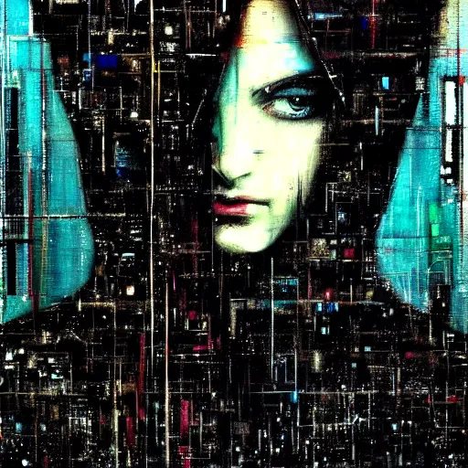 Prompt: portrait of a hooded beautiful women, mysterious, shadows, by Guy Denning, by Johannes Itten, by Russ Mills, glitch art, hacking effects, chromatic, cyberpunk, color blocking, oil on canvas, concept art, abstract