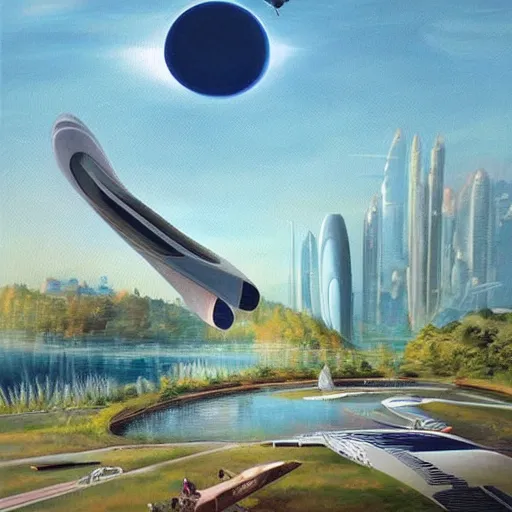 Image similar to Beautiful city of the future in harmony with nature. Spaceship in the background. Nice colour scheme, soft warm colour. Beautiful painting by Lurid. (2022)