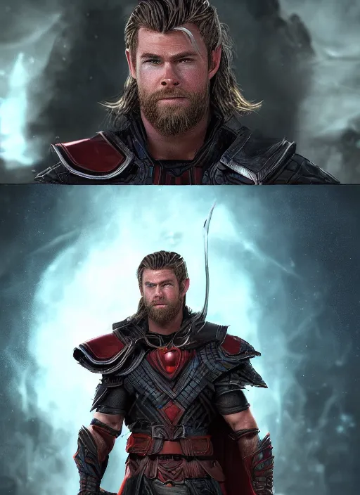 Image similar to A fantasy comic book style portrait painting of Chris Hemsworth as a Warrior Sorcerer in dark castle setting, unreal 5, DAZ, hyperrealistic, octane render, RPG portrait, dynamic lighting