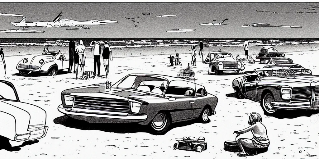 Prompt: vintage cars on a beach, cartoon by moebius, monochrome