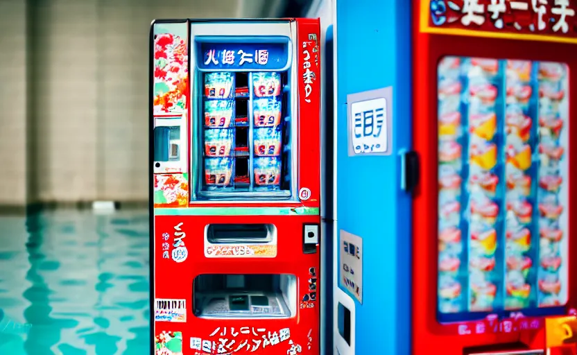Prompt: photograph of Japanese vending machine in water of abandoned pool, one point perspective, 1-point perspective, tilt shift, sigma 85mm f/1.4, 4k, depth of field, high resolution, 4k, 8k, hd, full color