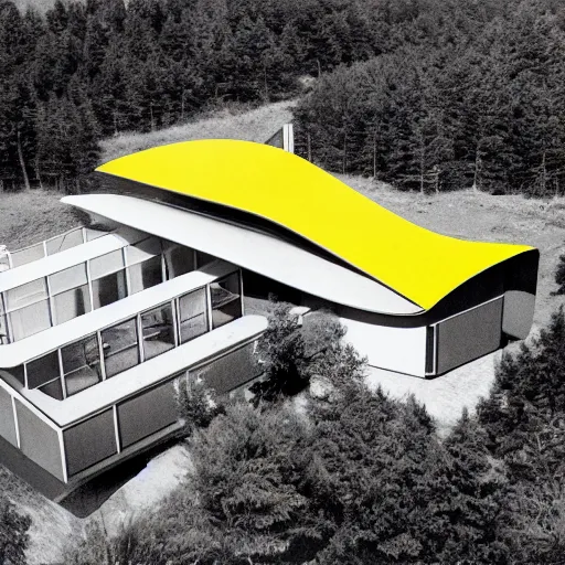 Prompt: architecture ad for a mid-century modern house in Gaspé, designed by Zaha Hadid. Shell. Aerial view. Film grain, cinematic, colorized, yellow hue