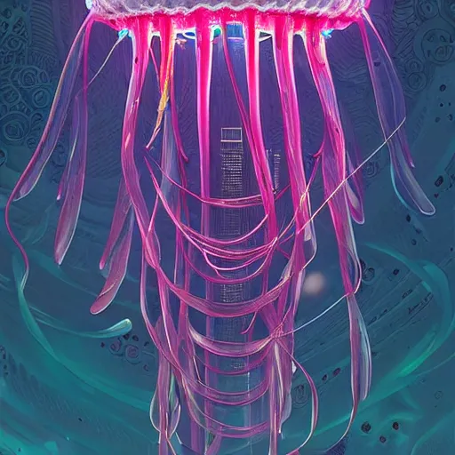 Prompt: neon jellyfish in tokyo, intricate, highly detailed, digital painting, trending on artstation, concept art, smooth, sharp focus, illustration, unreal engine 5, 8 k, art by artgerm and greg rutkowski and alphonse mucha