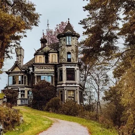 Prompt: a haunted victorian mansion on a cliffside, road leading up to the house