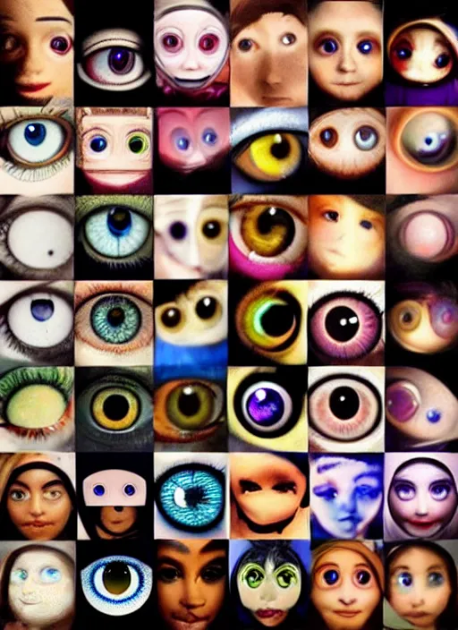 Image similar to diverse eyes!, dot pupils, round pupil, happy human eyes, round iris, advanced art, art styles mix, from wikipedia, grid of styles, various eye shapes