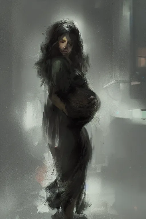 Prompt: pregnant woman under street light, highly detailed, sharp focused, ultra realistic digital concept art by Ruan Jia