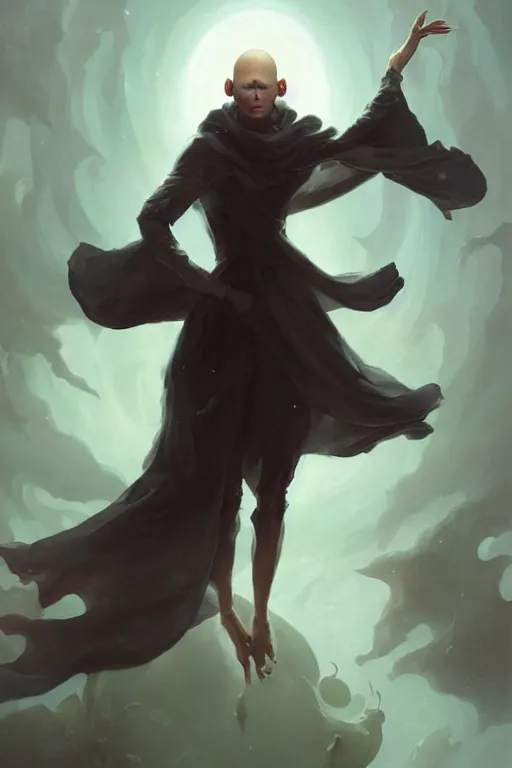 Image similar to a humanoid creature of pure imagination with pale white skin and a gaunt face. the creature is bald. it is wearing a black flowing cloak that looks like mist. art by peter mohrbacher.