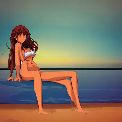 Image similar to digital art hand-drawn beautiful anime girl in a bikini watching the sunset on a beach