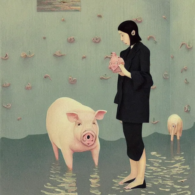 Image similar to tall female emo artist holding a pig in her flooded bathroom, water gushing from ceiling, painting of flood waters inside an artist's bathroom, a river flooding indoors, pomegranates, pigs, ikebana, zen, water, octopus, river, rapids, waterfall, black swans, canoe, berries, acrylic on canvas, surrealist, by magritte and monet