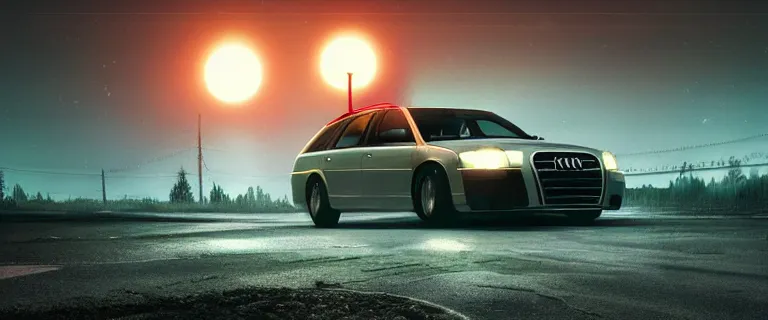 Image similar to Audi A4 B6 Avant (2002), a gritty neo-noir, dramatic bright lighting, cinematic, establishing shot, extremely high detail, photorealistic, cinematic lighting, artstation, by simon stalenhag, Snowy mountain road, At night