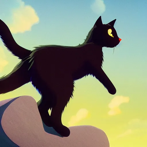 Image similar to a wholesome animation key shot of a black cat! looking a biplane! in the sky, medium shot, studio ghibli, pixar and disney animation, sharp, rendered in unreal engine 5, anime key art by greg rutkowski, bloom, dramatic lighting