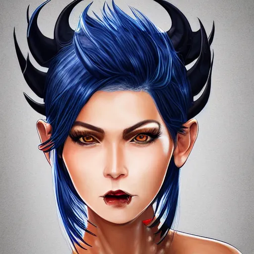 Image similar to illustrated realistic portrait of swept-back prong-horned devil woman with blue bob hairstyle and her tan colored skin and with solid black eyes wearing leather by rossdraws