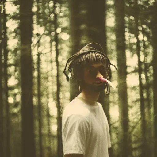 Prompt: close up kodak portra 4 0 0 photograph of a skinny guy standing in a dark forest, flower crown, flower covering mouth, moody lighting, telephoto, 9 0 s vibe, blurry background, vaporwave colors, faded!,