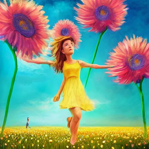 Image similar to head made of giant daisies, girl dancing barefoot in a vast flower field, arms behind back, surreal photography, sunrise dramatic light, impressionist painting, colorful clouds, large sky, digital painting, artstation, simon stalenhag, flower face