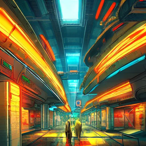 Image similar to a futuristic post - apocalyptic subway city of oriental type with neon lights artstation, illustration