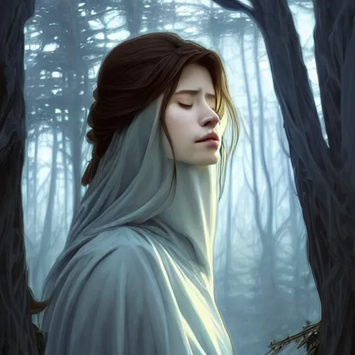 Image similar to wide angle, cloaked woman, sleeping on base of tree, white grey blue color palette, eyes closed, forest, female, d & d, fantasy, intricate, elegant, highly detailed, long brown hair, digital painting, artstation, octane render, concept art, matte, sharp focus, illustration, hearthstone, art by artgerm, alphonse mucha johannes voss