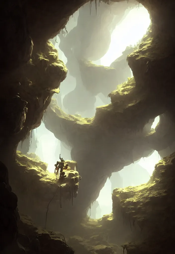 Image similar to a concept art painting of an explorer at the bottom of an ancient well, upward angle, dramatic shadows, a monster crawls on the walls by tuomas korpi, pablo carpio, gilles beloeil, trending on artstation, highly detailed, atmospheric, directional lighting, cinematic