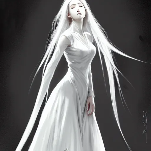 Prompt: benevolent lady, closed eyes, graceful, modest white gown, white scarf, high collar, kindness, sadness, long white hair, straight hair, long shot, highly detailed, digital painting, artstation, concept art, sharp focus, illustration, 9 9 9 4, art mark brooks and luis royo and artgerm
