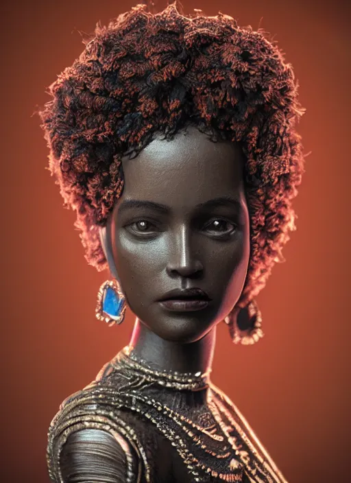 Image similar to a photo - real delicate sculpture of an ornate detailed black woman in front of a intricate background by aj fosik, curly hair, micro detail, backlit lighting, octane renderer, colorful, physically based rendering, tribal art, trending on cgsociety