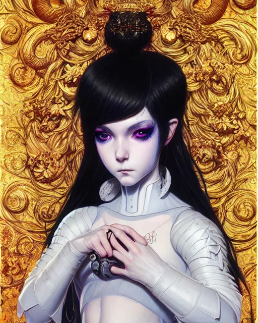 Image similar to portrait of beautiful cute young goth maiden girl with short white hairs in warhammer armor, art by ( ( ( kuvshinov ilya ) ) ) and wayne barlowe and gustav klimt and artgerm and wlop