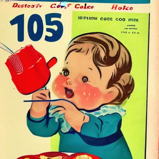 Image similar to 1950's cookbook color illustration baby cake adorable cartoon face sharp detail high detail