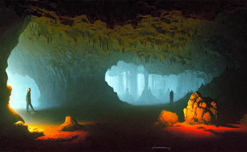 Prompt: view of natural cave, darkness, some bulb lights, dynamic light, mist over ground, illustration painting by james gurney and josan gonzales