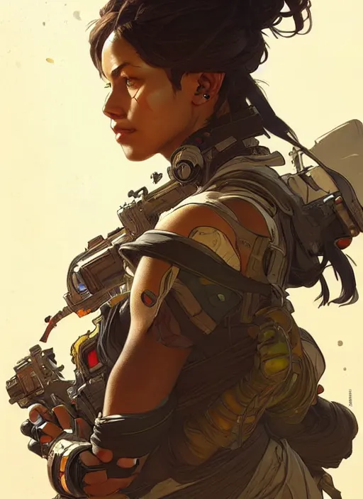 Image similar to Apex Legends Woman, highly detailed, digital painting, artstation, concept art, smooth, sharp focus, illustration, art by artgerm and greg rutkowski and alphonse mucha