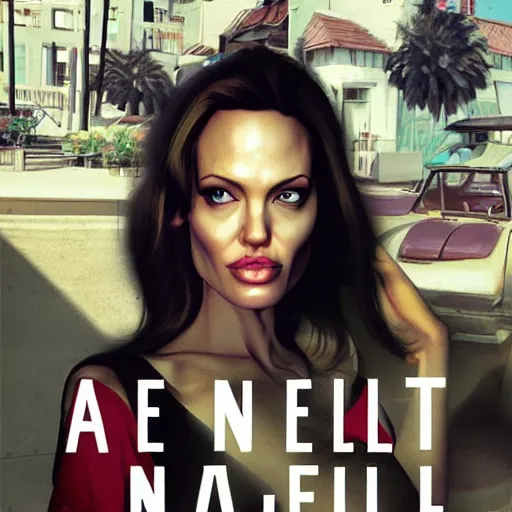 Prompt: angelina jolie gta 5 cover art