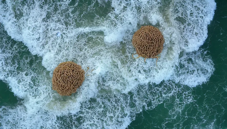 Prompt: CNN news footage taken from above. A huge Flying Spaghetti Monster is washed up on the beach.