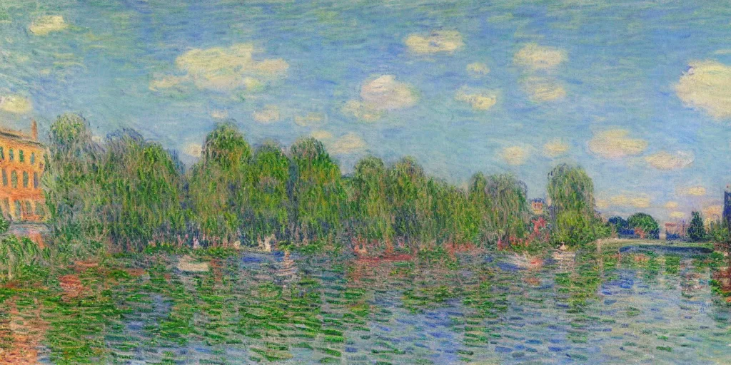 Image similar to A beautiful city next to a small river painted by Monet, amazing landscape