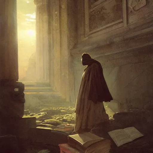 Image similar to half portait of magican wearing a cowl with big old book!, jeremy mann, jean leon gerome, tiepolo, alphonse mucha, greg rutkowski, face in the shadows, ( ( ruins of ancient rome ) ), at dusk, mysterious atmosphere, sunrays, dof, masterpiece, high detailed, 8 k