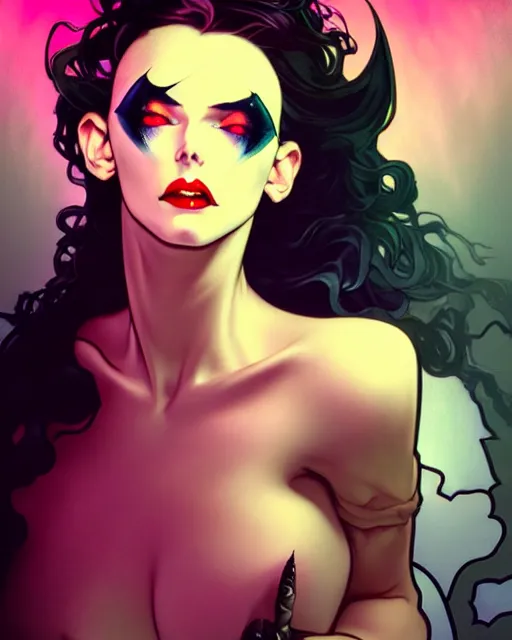 Image similar to low angle closeup beautiful very seductive satanic witch, retro scifi goddess pinup, action glamour pose, windblown dark hair, hyper detailed, digital art, studio lighting, smooth, ambient lighting, sharp focus, frank miller, wlop, anna dittmann, moebius!, alphonse mucha, patrick nagle!!, rim lighting, synthwave
