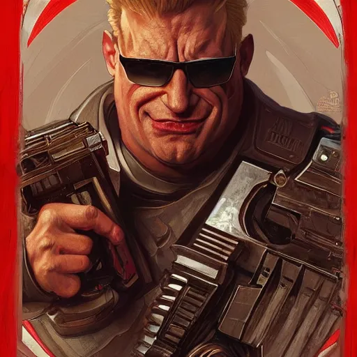 Image similar to portrait of Duke Nukem as President, epic, intricate, headshot, highly detailed, digital painting, artstation, concept art, sharp focus, illustration, art by artgerm and greg rutkowski and alphonse mucha