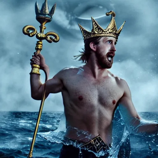 Image similar to screaming Ryan Gosling as Poseidon with trident and crown on head, the king of the sea, ready to fight, matte painting, dark colors