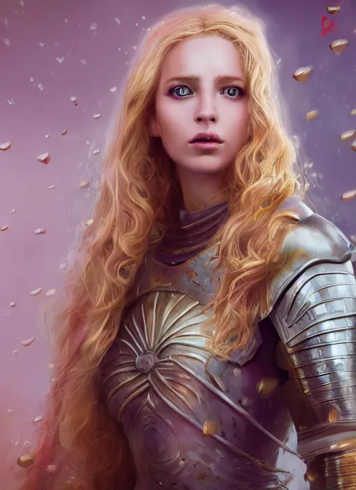 Prompt: An epic fantastic realism comic book style portrait painting of a female medieval warrior, princess, knights long fluffy light golden blond curls of hair, porcelain pale skin, flowers rain everywhere, Concept world Art, unreal 5, DAZ, hyperrealistic, octane render, cosplay, RPG portrait, dynamic lighting