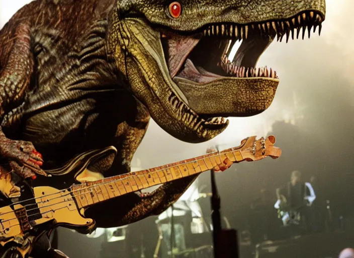 Prompt: scene is jurassic park concert. many dinosaurs are rock band on stage. close up of guitar played by tyrannosaurus rex is rocking out on the bass guitar on stage in the spotlight smoke and pyrotechnics