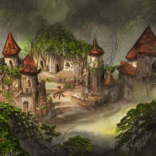 Prompt: castelo bruxo, school of witchcraft on brazil, amazon forest, highly detailed, digital painting, trending on artstation, concept art, sharp focus, illustration, global illumination, shaded, art by artgerm