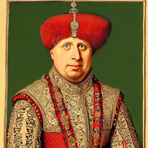 Prompt: Painting of the Ruler of the British Raj, the King Boris Johnson, painted by Hans Holbein, intricate, hyper-detailed, exhibited at the British Museum