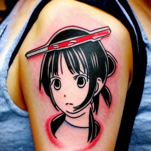 Image similar to Shoujo ai manga style japanese ninja schoolgirl by Hayao Miyazaki, studio ghibli, sakura festival, tattoo on upper arm