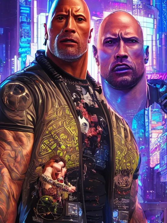 Image similar to a cyberpunk 2077 portrait of Dwayne Johnson holding a female android,complex mess of cables and wires behind them connected to giant computer,film lighting,by laurie greasley,Lawrence Alma-Tadema,William Morris,Dan Mumford, trending on atrstation,full of color,face enhance,sharp focus,highly detailed,8K, octane,golden ratio,cinematic lighting