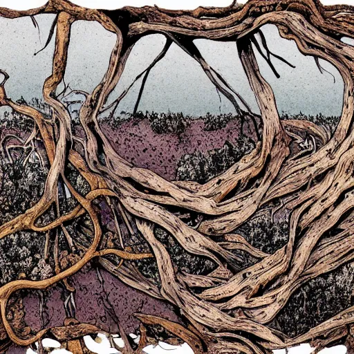 Prompt: spinal landscape at night, constellations, dead vines, deterioration, porous ground, in the style of ralph steadman, highly detailed, muted purples, C 10.0