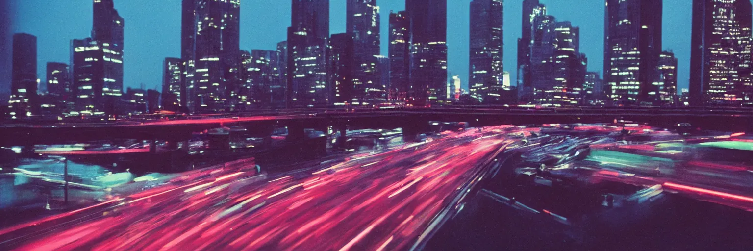 Image similar to 8 0 s neon movie still, high speed blurred traffic by the river with city in background, medium format color photography, movie directed by kar wai wong, hyperrealistic, photorealistic, high definition, highly detailed, tehnicolor, anamorphic lens