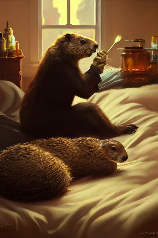 Image similar to groundhog cooking meth lies on the bed, realistic portrait, highly detailed, digital painting, artstation, concept art, smooth, sharp focus, illustration, cinematic lighting, art by artgerm and greg rutkowski and alphonse mucha