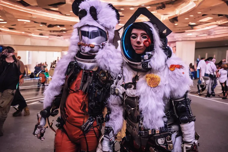 Image similar to furry convention on mars, animal costumes, 8 k photography, cyberpunk