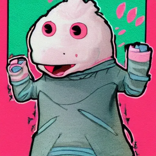 Prompt: close - up anthropomorphic axolotl anthropomorphic!!! wearing a hoodie!!!! polaroid photo, in colour