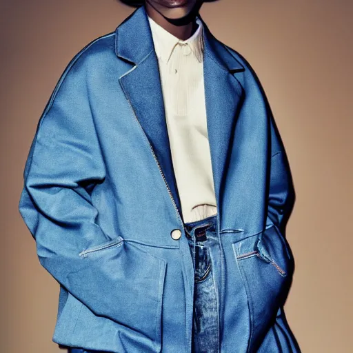 Image similar to realistic photoshooting for a new balenciaga lookbook color film photography of a beautiful woman model, model wears a workwear jacket, photo in style of tyler mitchell, ssense