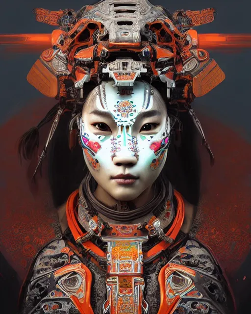 Prompt: portrait of a machine from horizon zero dawn, machine face, decorated with chinese opera motifs, asian, asian inspired, intricate, elegant, highly detailed, digital painting, artstation, concept art, smooth, sharp focus, illustration, art by artgerm and greg rutkowski and alphonse mucha, 8 k