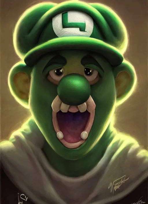 Image similar to hyper realistic, portrait of a mega derpy luigi by greg rutkowski, scott m fischer, artgerm, loish, slight glow, atmospheric, anne stokes, alexandros pyromallis